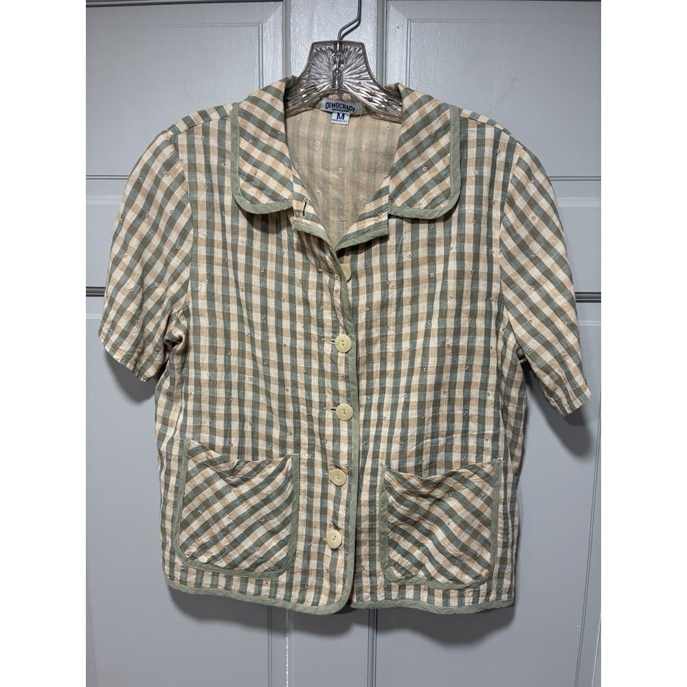 Vintage Democracy Women Shirt Size Medium Short Sleeve Plaid Pockets Casual